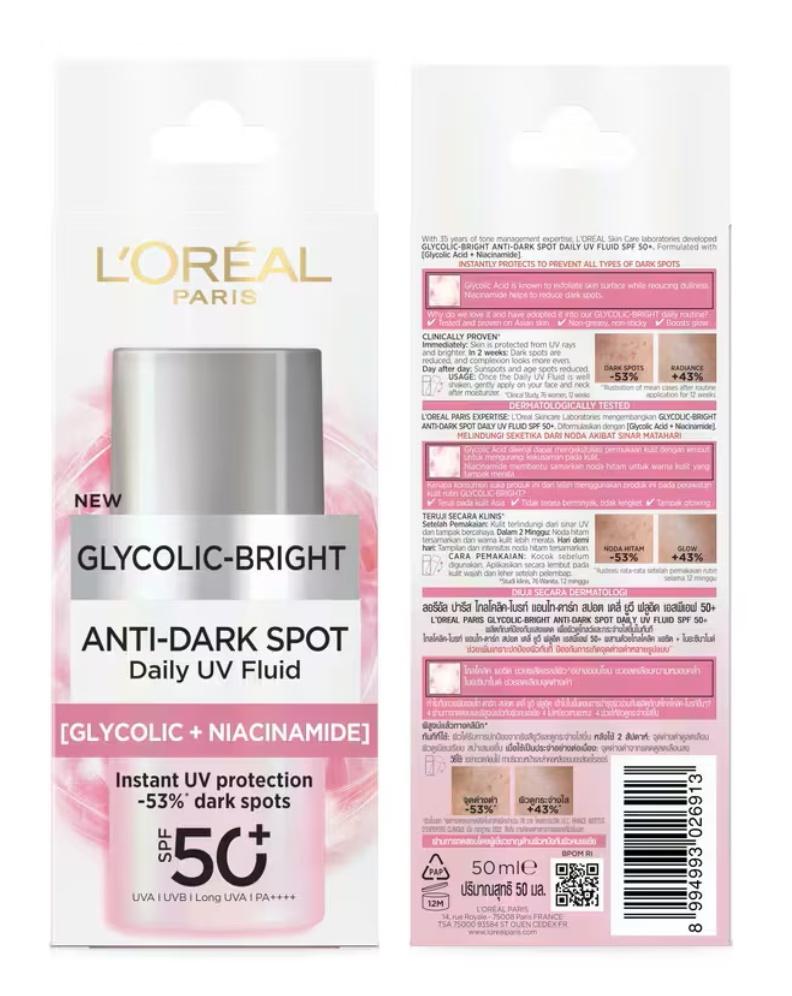￼l'oreal Paris Glycolic Bright Anti Dark Spot Daily UV Fluid Sunscreen SPF50 Reduce Dark Spots