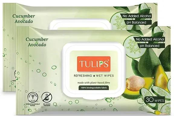 Tulips Refreshing Wet Wipes In Lid Pack - Cucumber & Avocado